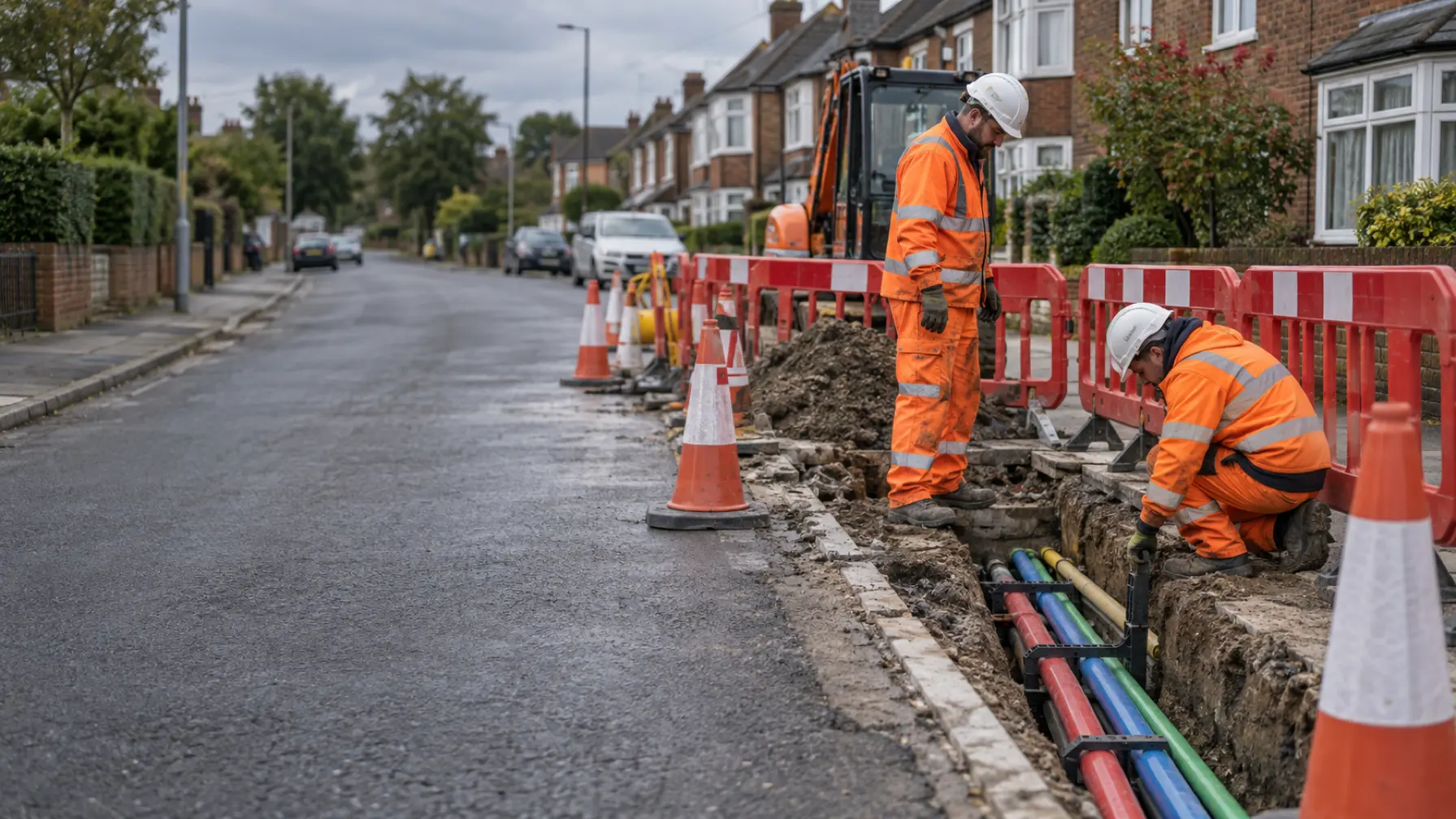 An open street works excavation in a residential road, barriered off, with exposed utility ducts visible in the trench