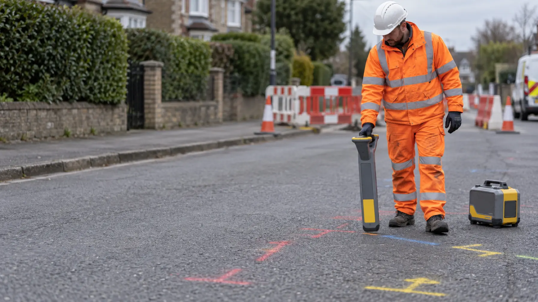 A cable avoidance tool being swept across a road surface, with service markings sprayed on the tarmac